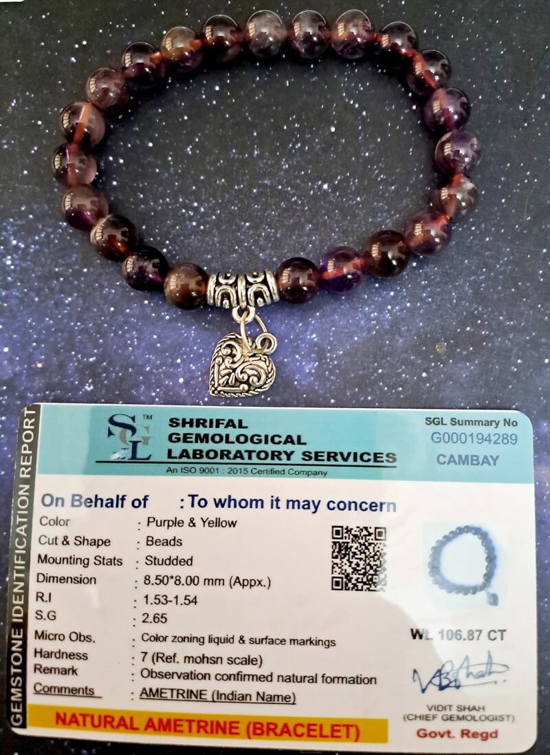 Ametrine Heart Natural Crystal Bracelet Lab Certified 8 mm Semi Precious Gemstone Unisex AAA Grade Premium Stretchable Band Bracelet for Healing Meditation and Manifestation