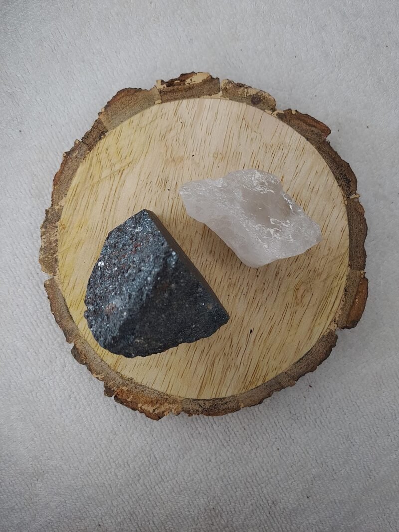 Hematite and Clear Quartz AAA Grade Raw Natural Crystal Combo with Wooden Natural Bark Coaster for Healing, Meditation and Manifestation