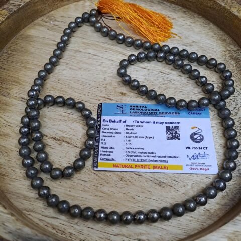 Pyrite Mala 108 + 1-8 mm Beads for Prosperitiy Wealth Willpower and Financial Abundance with 1 Palo Santo Smude