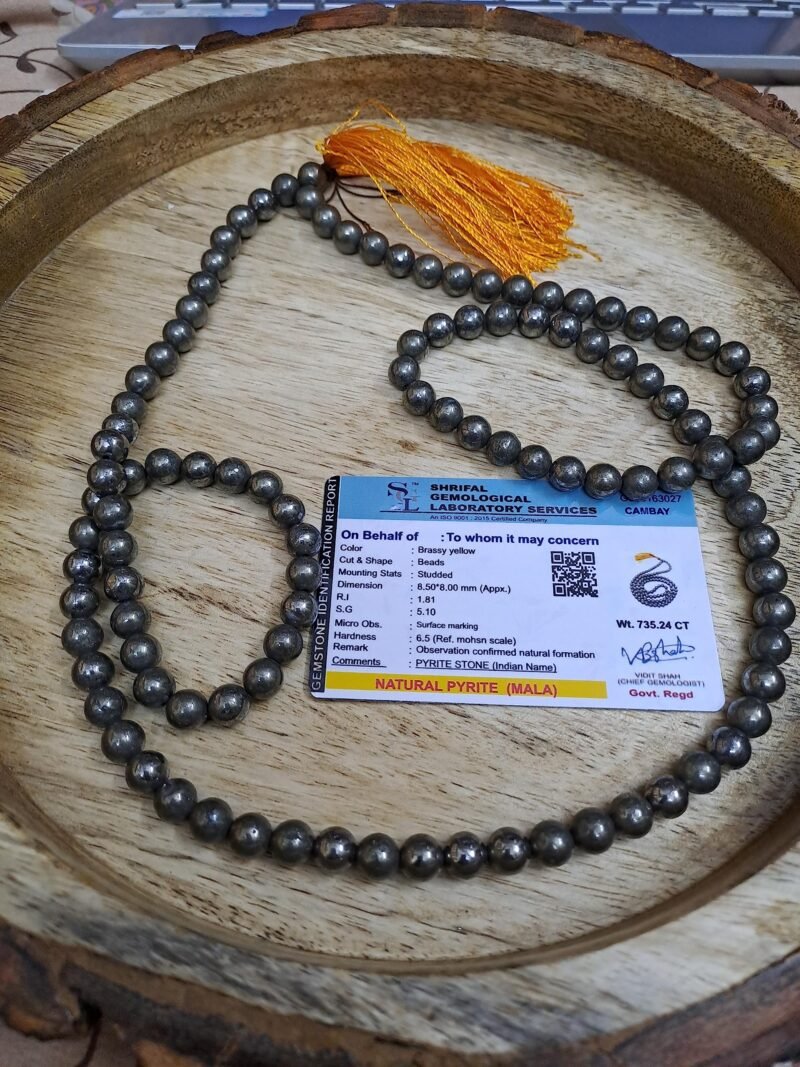 Pyrite Mala 108 + 1-8 mm Beads for Prosperitiy Wealth Willpower and Financial Abundance with 1 Palo Santo Smude