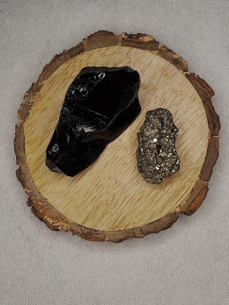 Black Obsidian and Pyrite AAA Grade Raw Natural Crystal Combo with Wooden Natural Bark Coaster for Healing, Meditation and Manifestation