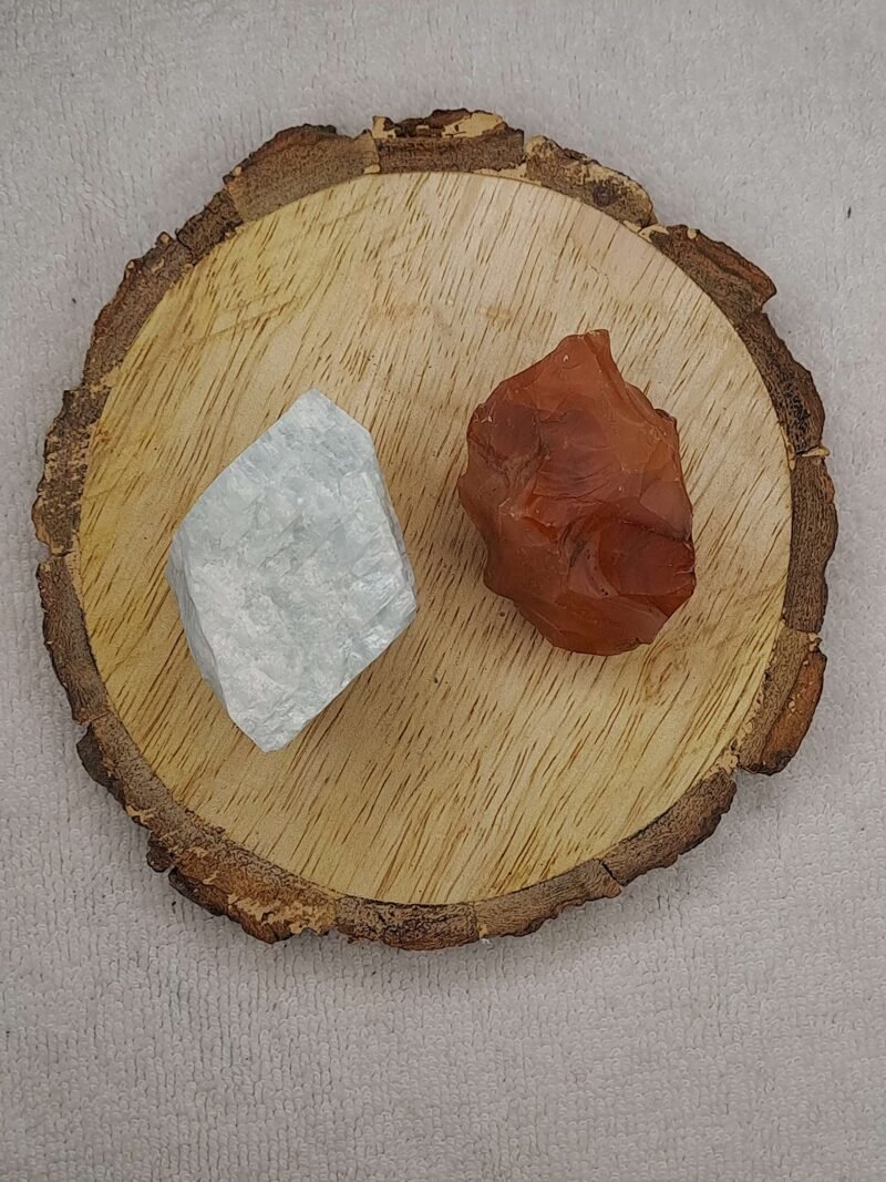 Amazonite + Carnelian AAA Grade Raw Natural Crystal Combo with Wooden Natural Bark Coaster for Healing, Meditation and Manifestation - Image 3