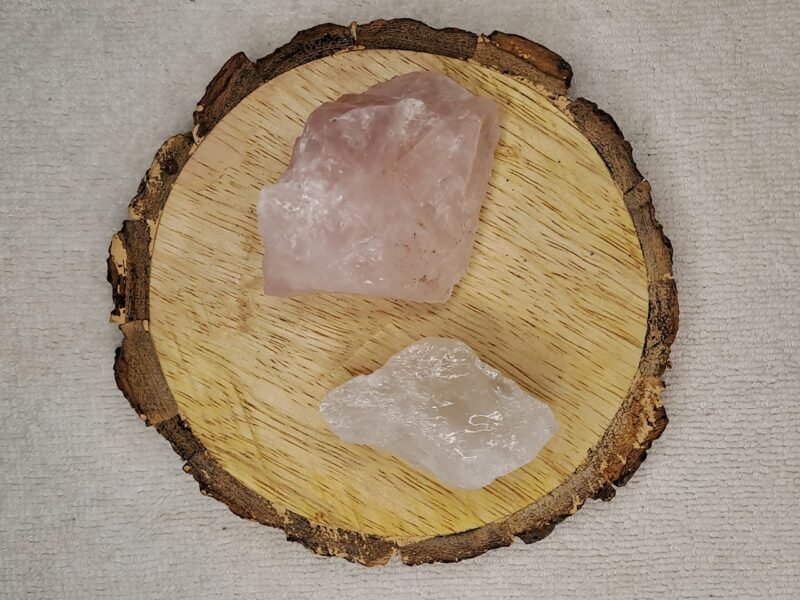 Clear Quartz and Rose Quartz AAA Grade Raw Natural Crystal Combo with Wooden Natural Bark Coaster for Healing, Meditation and Manifestation