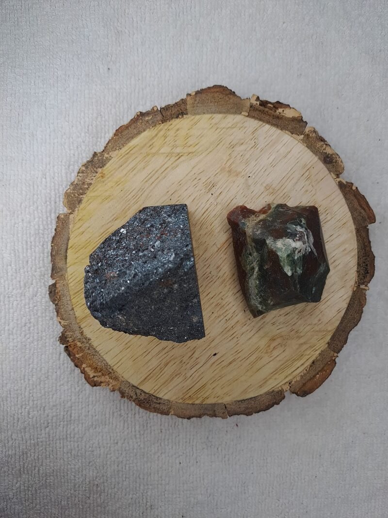 Hematite and Blood Stone AAA Grade Raw Natural Crystal Combo with Wooden Natural Bark Coaster for Healing, Meditation and Manifestation