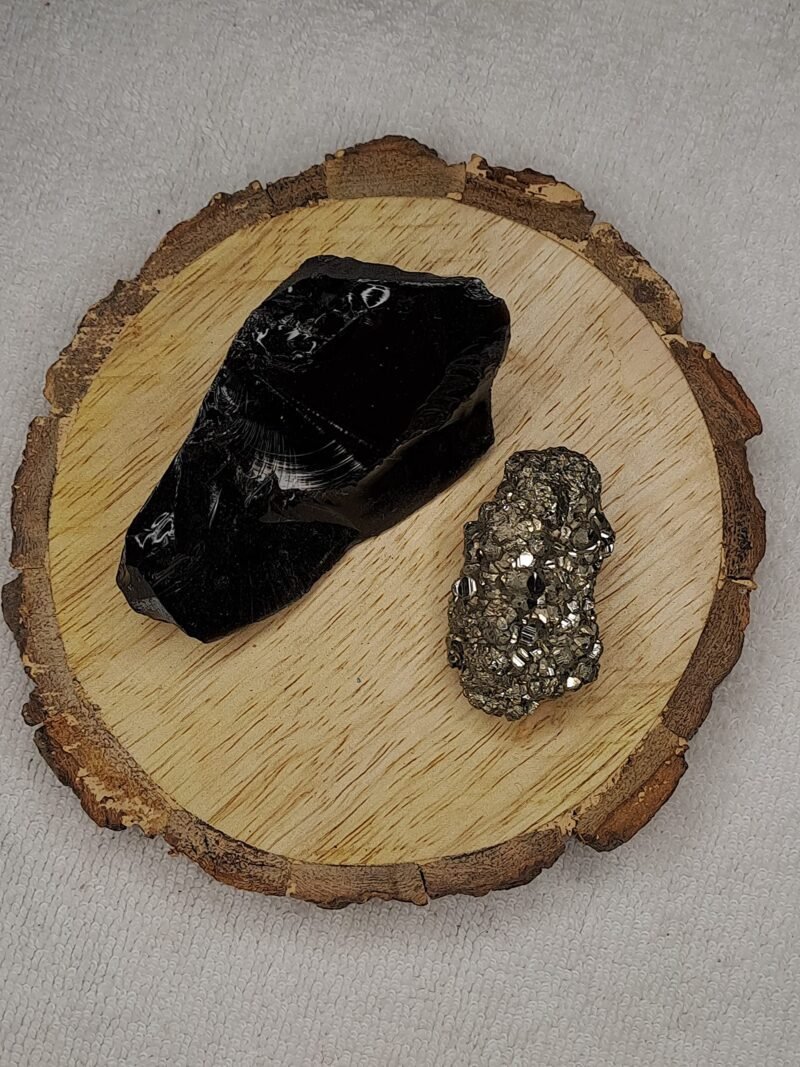 Black Obsidian and Pyrite AAA Grade Raw Natural Crystal Combo with Wooden Natural Bark Coaster for Healing, Meditation and Manifestation - Image 4