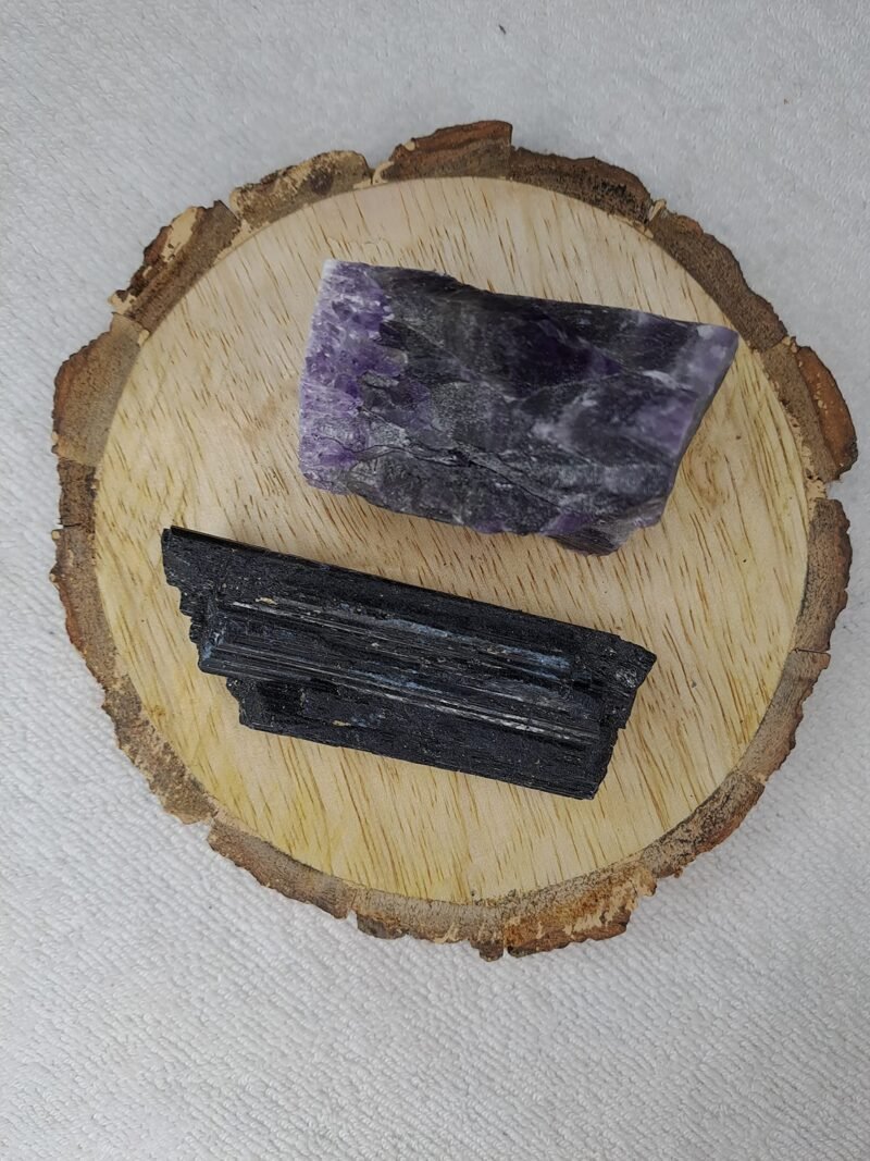 Black Tourmaline and Amethyst AAA Grade Raw Natural Crystal Combo with Wooden Natural Bark Coaster for Healing, Meditation and Manifestation