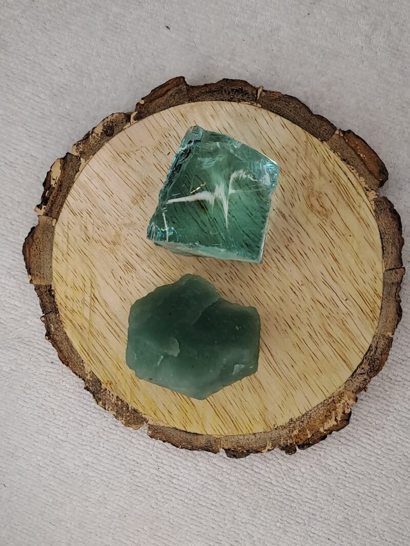 Green Aventurine and Aqua Marine Obsidian AAA Grade Raw Natural Crystal Combo with Wooden Natural Bark Coaster for Healing, Meditation and Manifestation