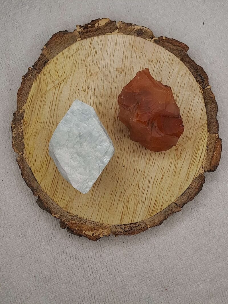 Amazonite + Carnelian AAA Grade Raw Natural Crystal Combo with Wooden Natural Bark Coaster for Healing, Meditation and Manifestation - Image 2