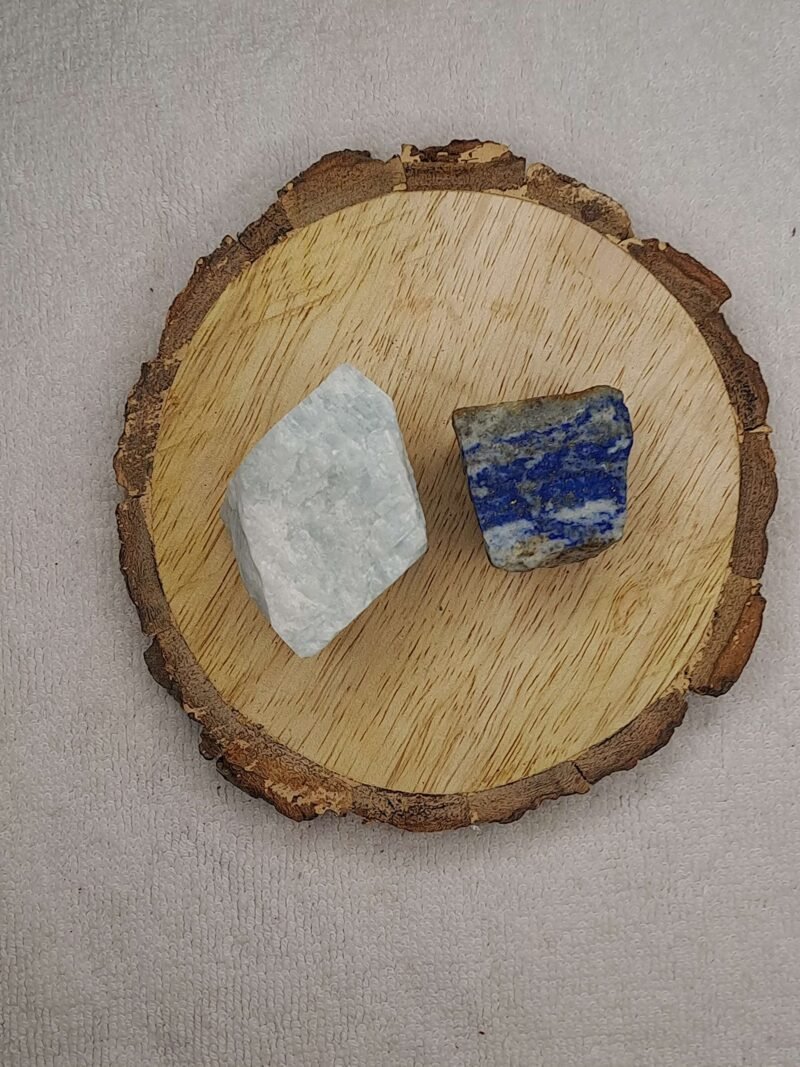 Amazonite + Lapis Lazuli AAA Grade Raw Natural Crystal Combo with Wooden Natural Bark Coaster for Healing, Meditation and Manifestation