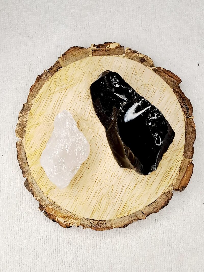Clear Quartz and Black Obsidian AAA Grade Raw Natural Crystal Combo with Wooden Natural Bark Coaster for Healing, Meditation and Manifestation