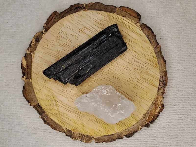 Clear Quartz and Black Tourmaline AAA Grade Raw Natural Crystal Combo with Wooden Natural Bark Coaster for Healing, Meditation and Manifestation