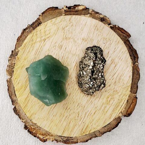 Green Aventurine and Pyrite AAA Grade Raw Natural Crystal Combo with Wooden Natural Bark Coaster for Healing, Meditation and Manifestation