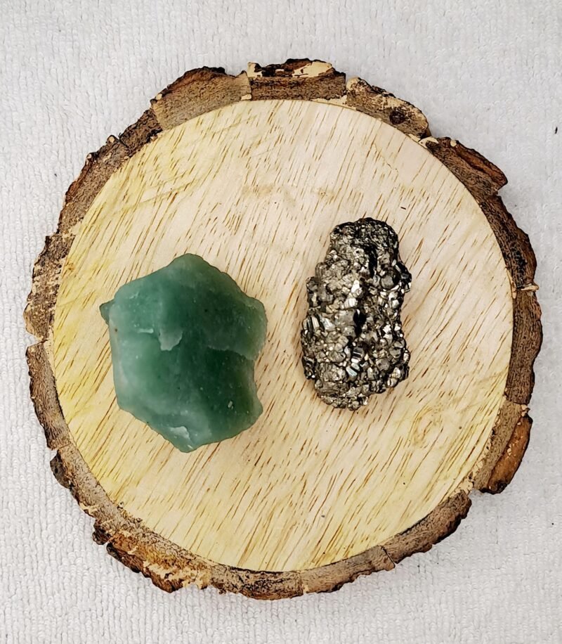 Green Aventurine and Pyrite AAA Grade Raw Natural Crystal Combo with Wooden Natural Bark Coaster for Healing, Meditation and Manifestation