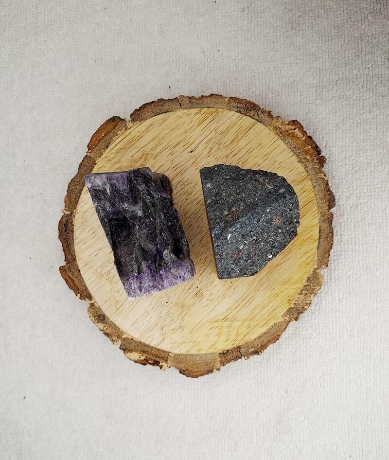 Hematite and Amethyst AAA Grade Raw Natural Crystal Combo with Wooden Natural Bark Coaster for Healing, Meditation and Manifestation