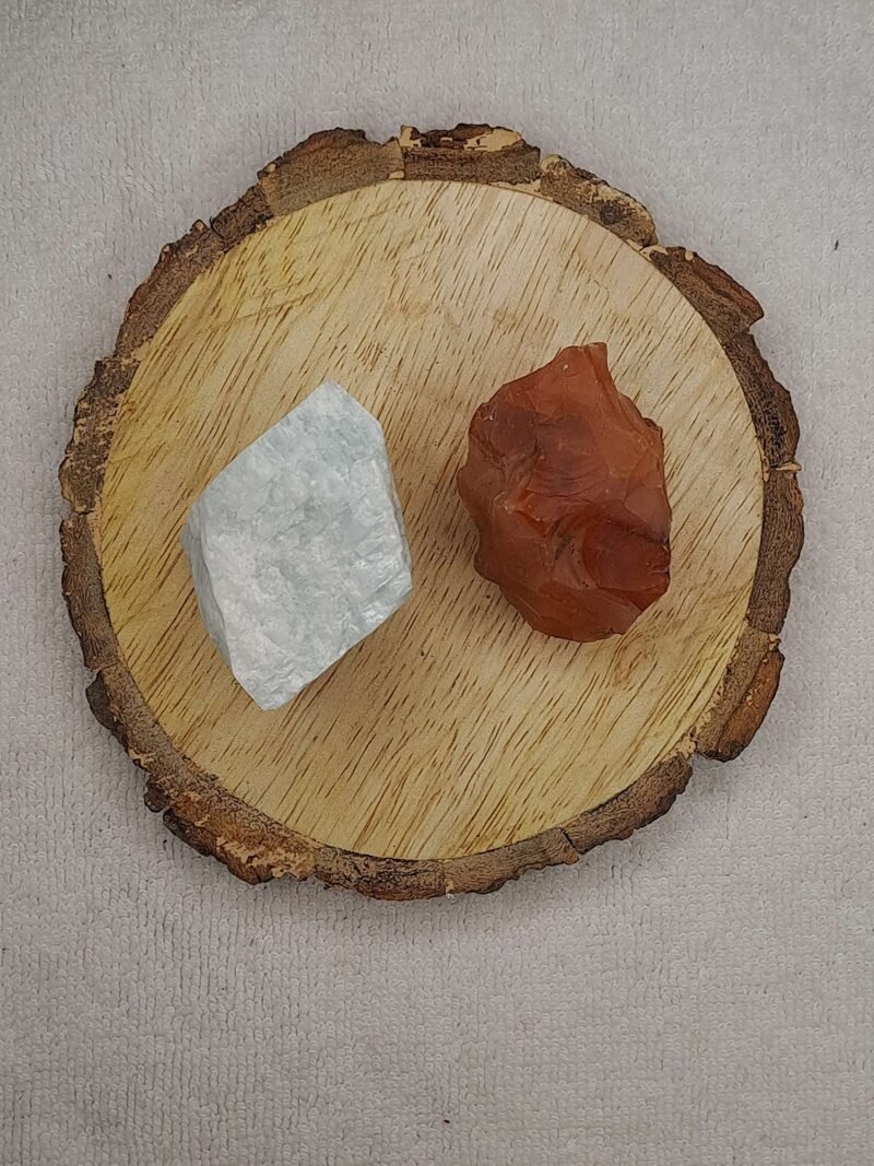 Amazonite + Carnelian AAA Grade Raw Natural Crystal Combo with Wooden Natural Bark Coaster for Healing, Meditation and Manifestation