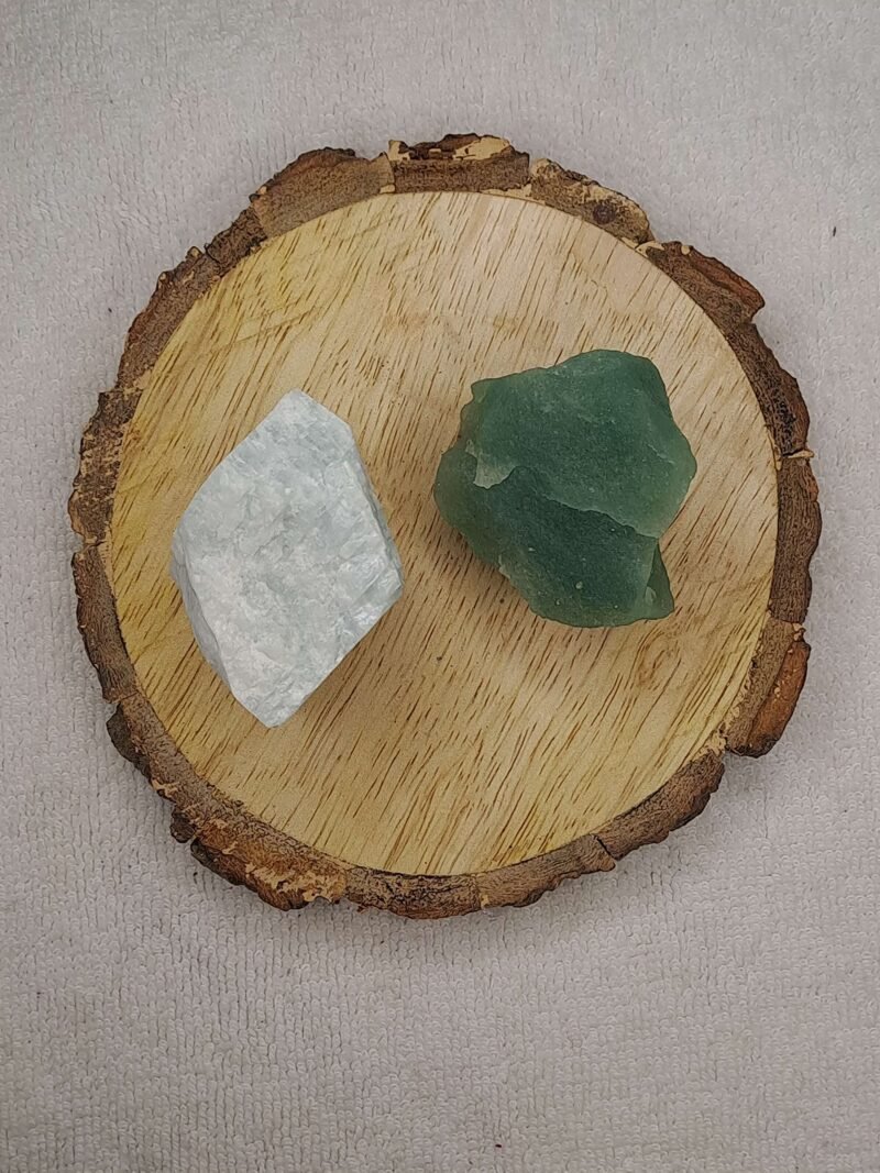 Amazonite + Green Aventurine AAA Grade Raw Natural Crystal Combo with Wooden Natural Bark Coaster for Healing, Meditation and Manifestation