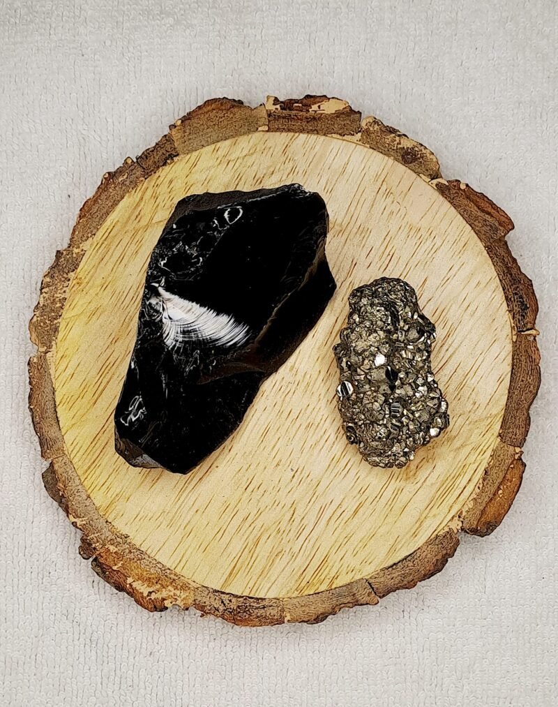 Black Obsidian and Pyrite AAA Grade Raw Natural Crystal Combo with Wooden Natural Bark Coaster for Healing, Meditation and Manifestation - Image 2