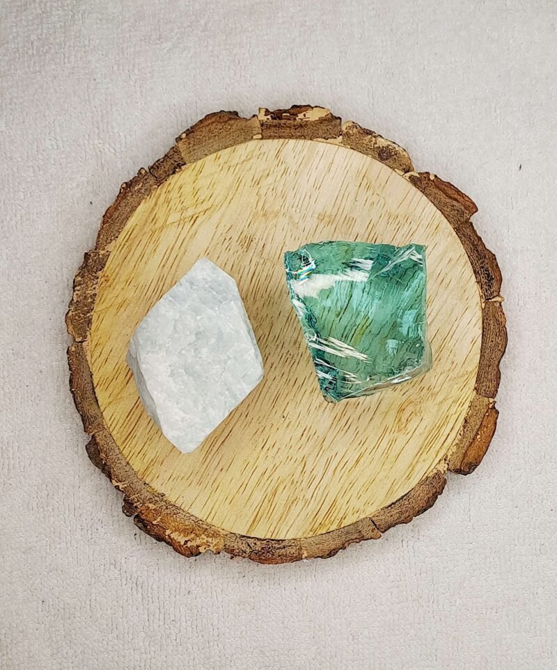 Amazonite + Aqua Marine Obsidian AAA Grade Raw Natural Crystal Combo with Wooden Natural Bark Coaster for Healing, Meditation and Manifestation - Image 3