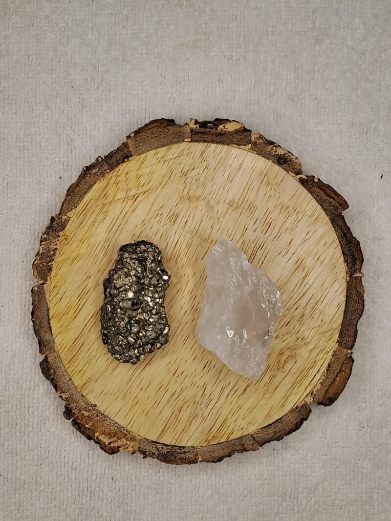 Pyrite and Clear Quartz AAA Grade Raw Natural Crystal Combo with Wooden Natural Bark Coaster for Healing, Meditation and Manifestation