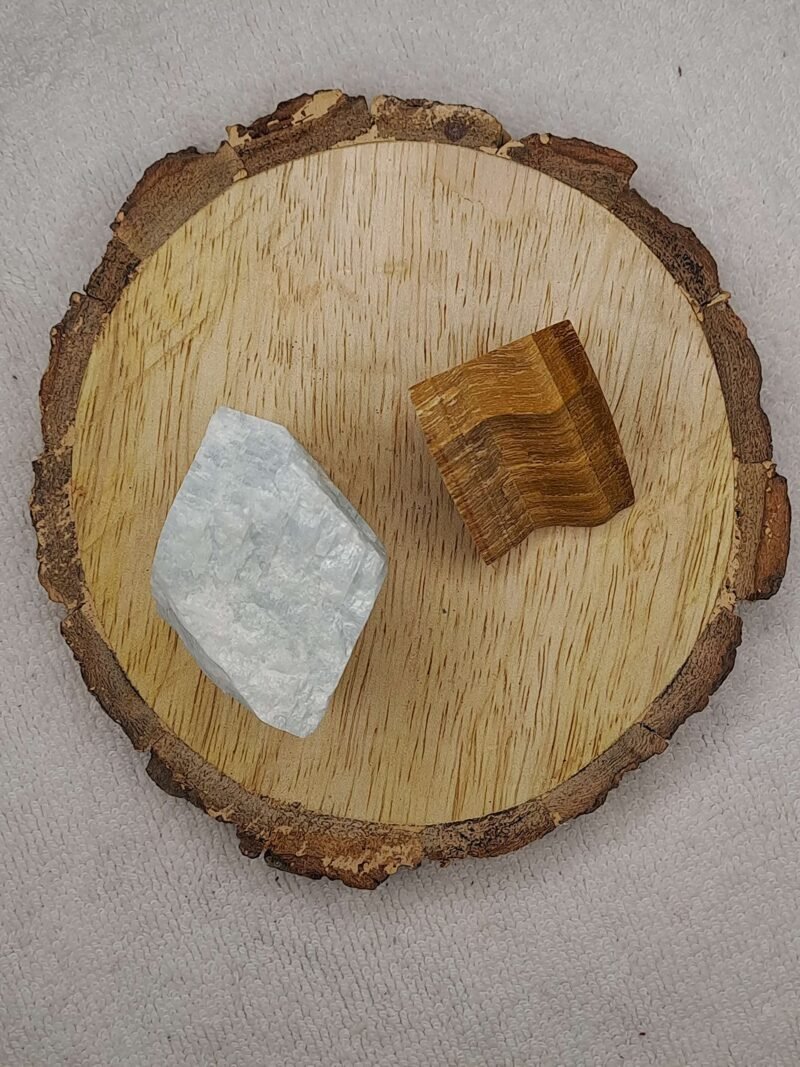 Amazonite + Tiger Eye AAA Grade Raw Natural Crystal Combo with Wooden Natural Bark Coaster for Healing, Meditation and Manifestation