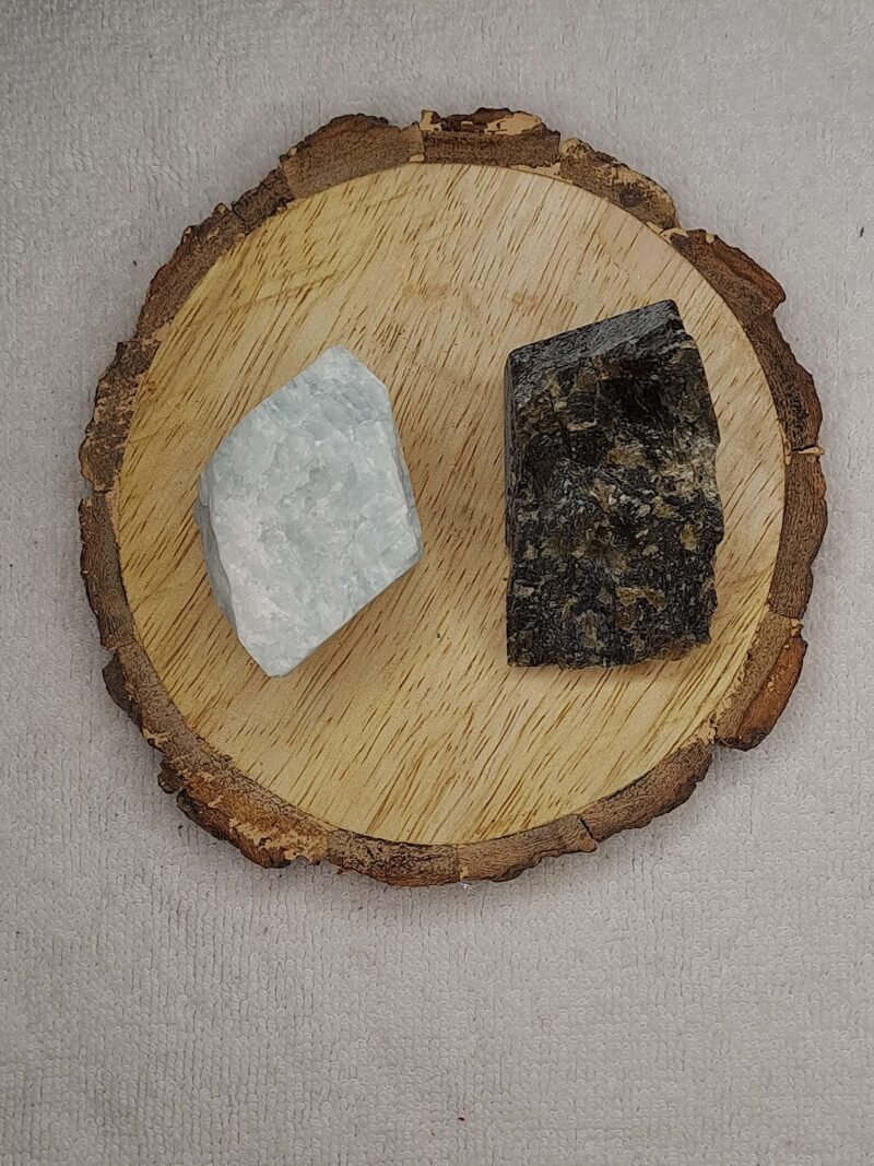 Amazonite + Labrodite AAA Grade Raw Natural Crystal Combo with Wooden Natural Bark Coaster for Healing, Meditation and Manifestation - Image 3