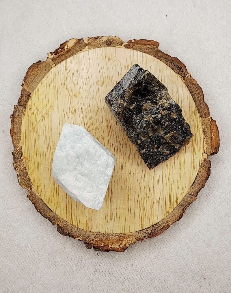 Amazonite + Labrodite AAA Grade Raw Natural Crystal Combo with Wooden Natural Bark Coaster for Healing, Meditation and Manifestation - Image 2