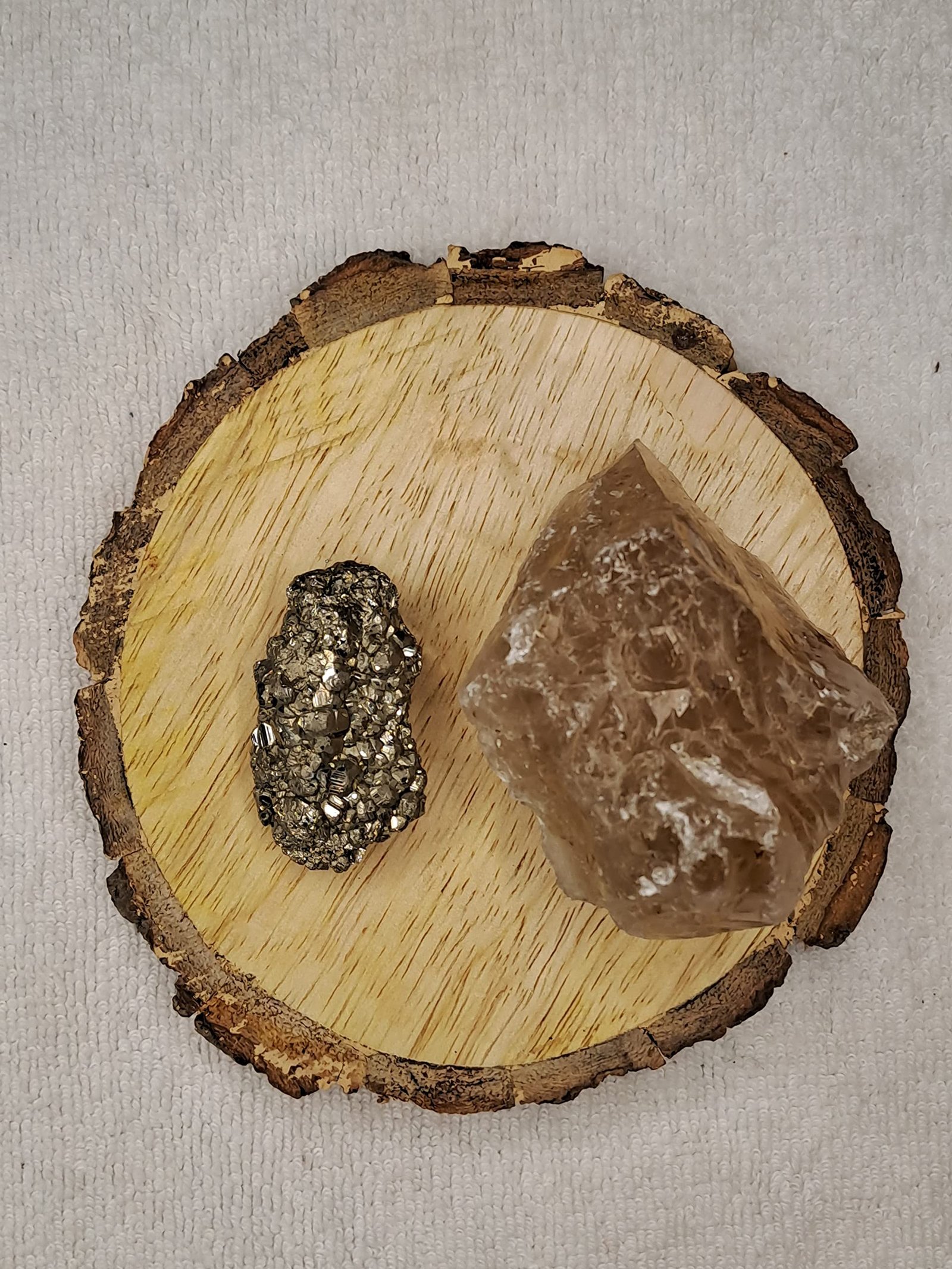 Pyrite and Smoky Quartz AAA Grade Raw Natural Crystal Combo with Wooden Natural Bark Coaster for Healing, Meditation and Manifestation