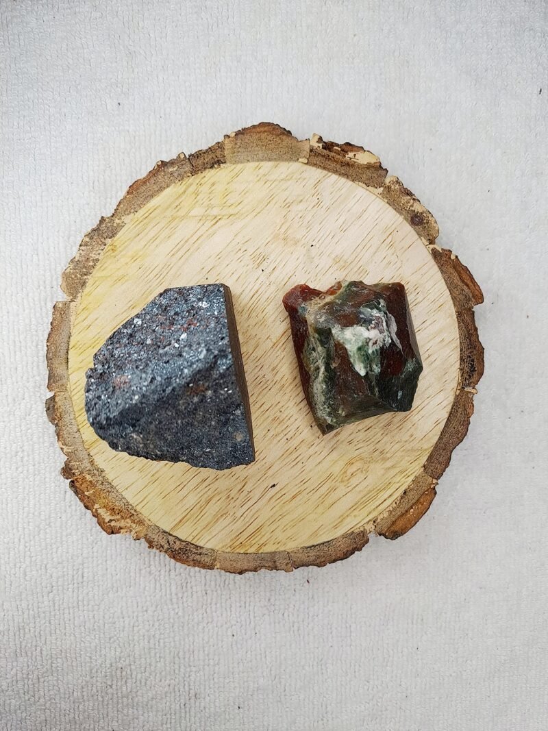 Hematite and Blood Stone AAA Grade Raw Natural Crystal Combo with Wooden Natural Bark Coaster for Healing, Meditation and Manifestation