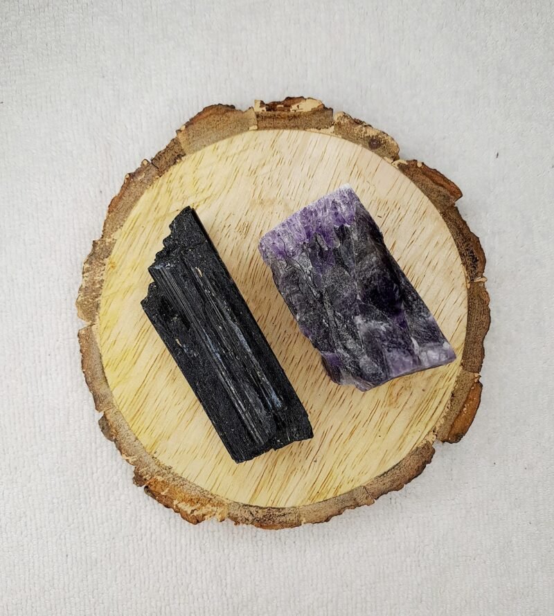 Black Tourmaline and Amethyst AAA Grade Raw Natural Crystal Combo with Wooden Natural Bark Coaster for Healing, Meditation and Manifestation
