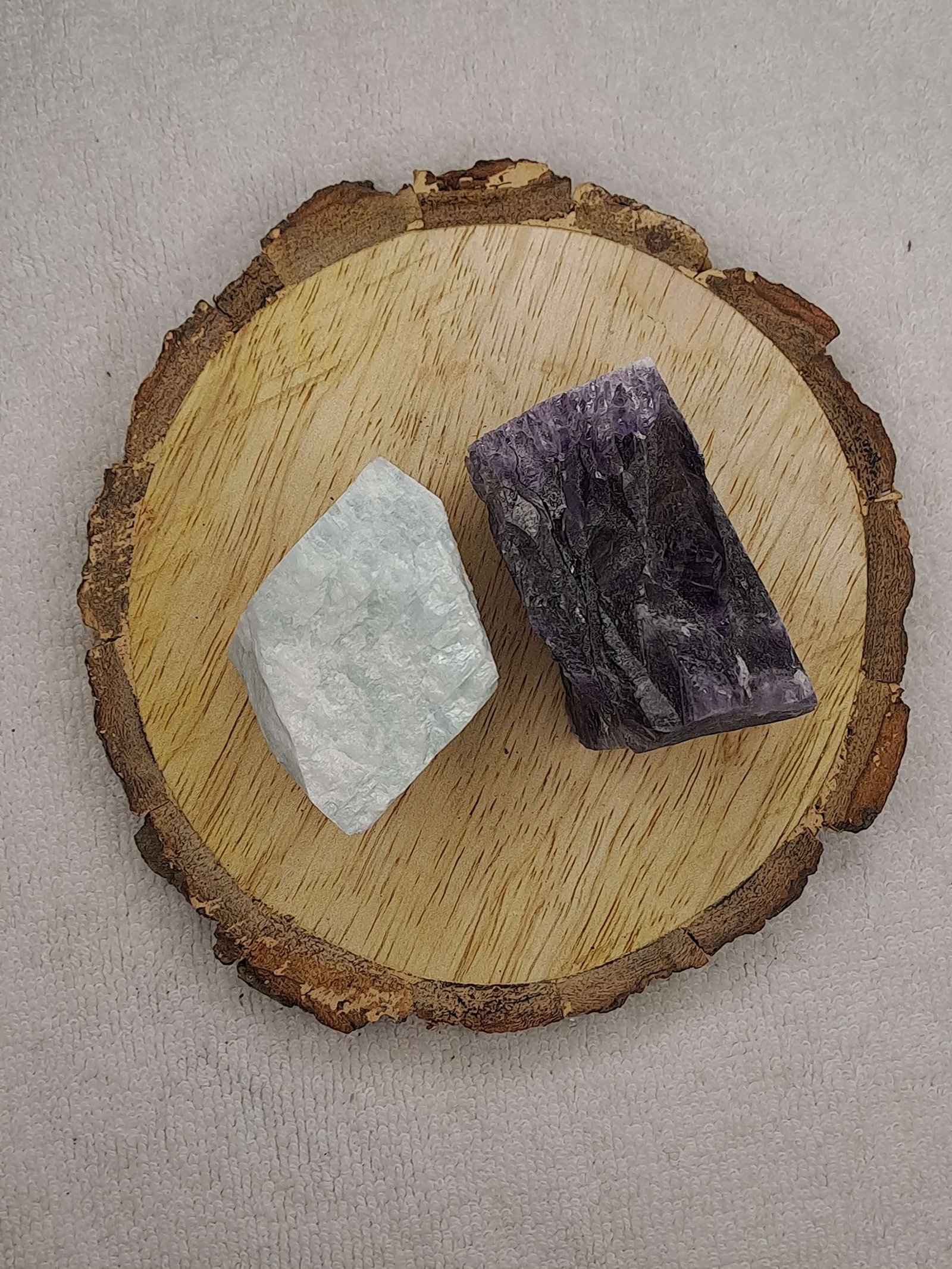 Amazonite + Amethyst AAA Grade Raw Natural Crystal Combo with Wooden Natural Bark Coaster for Healing, Meditation and Manifestation