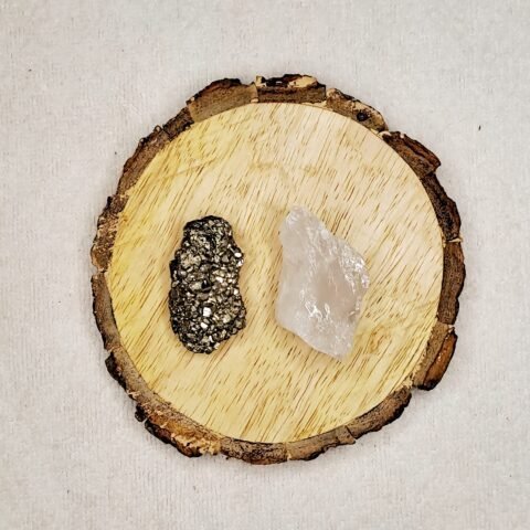 Pyrite and Clear Quartz AAA Grade Raw Natural Crystal Combo with Wooden Natural Bark Coaster for Healing, Meditation and Manifestation
