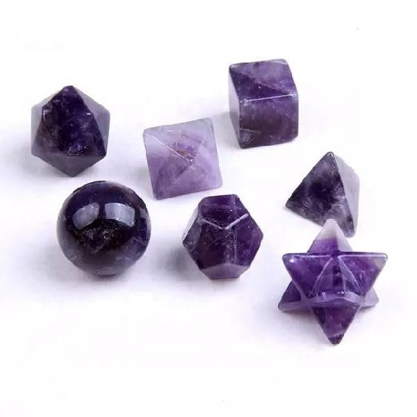 Divine Spirituals Amethyst Sacred Geometry Set, Amethyst Seven Chakra Stone Sacred Geometry Set | 7 Pieces Sacred Set, Platonic Solid Shape, Healing Crystal, Geometry Set – 7 Sacred Gemstone Set Sacred Sanctuary Abundance Stones