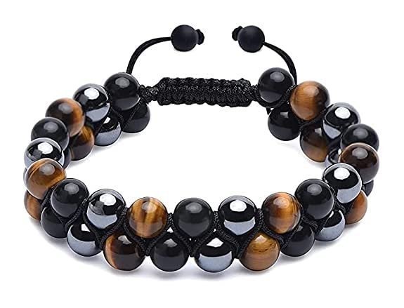 Divine Spirituals Certified Triple Action Premium Tiger Eye Hematite and Black Obsidian Unisex AAA Grade 8 mm Stones Double layered Adjustable Bracelet Chakra Healing Bracelets Abundance Stones 2