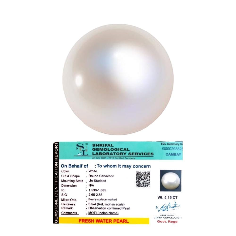 Divine Spirituals Natural Premium Fresh Water Pearl (Original Moti) Lab-Certified AAA Grade Round Cabachon Gems For Moon, Love, Stress Reduction & Ring Jewelry For Men & Women approx. 5 Carat Fresh Water Pearl Abundance Stones