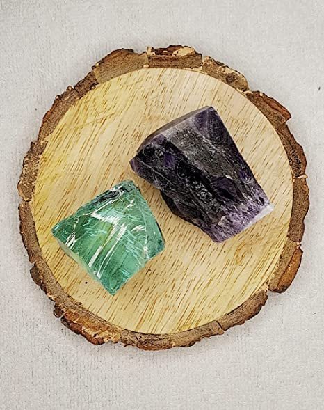 Divine Spirituals Aqua Marine Obsidian and Amethyst AAA Grade Raw Natural Crystal Combo with Wooden Natural Bark Coaster for Healing, Meditation and Manifestation Natural Healing Crystals Abundance Stones