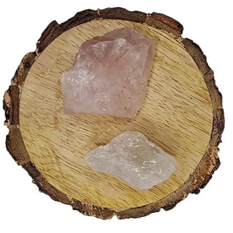 Divine Spirituals Clear Quartz and Rose Quartz AAA Grade Raw Natural Crystal Combo with Wooden Natural Bark Coaster for Healing, Meditation and Manifestation Natural Healing Crystals Abundance Stones