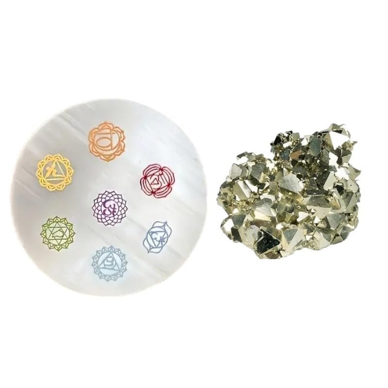 Divine Spirituals Pyrite Stone and Selenite Disc Combo to Charge Pyrite – High Energy Pyrite Gold Rock Used for Increased Willpower and Manifestation (Pyrite 240 Carat + 3 Inch Selenite Disc) Cubical Pyrite Clusters Abundance Stones