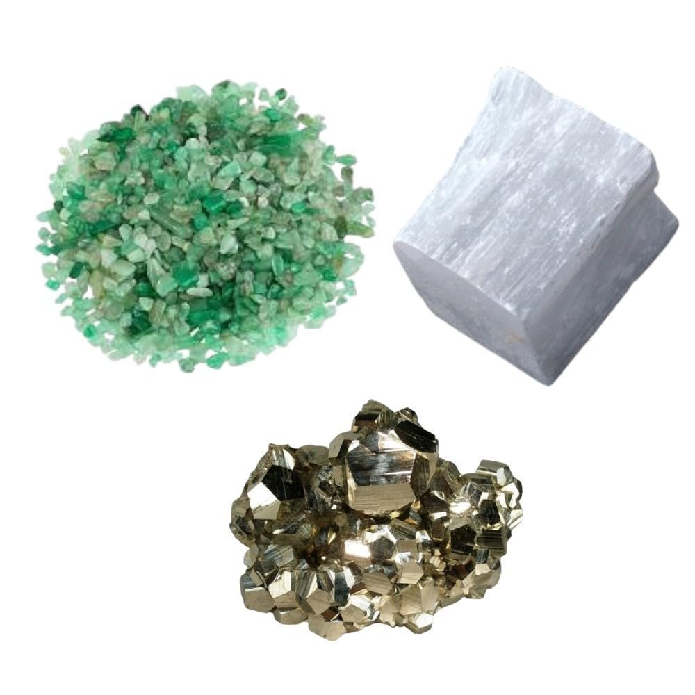 Divine Spirituals Pyrite Stone Original Certified Natural Raw Geode 40 Grams with 50 Grams Natural Labradorite Chips and 1 Natural Selenite Stone Raw Block for Healing Meditation and Manifesting Abundance Cubical Pyrite Clusters Abundance Stones