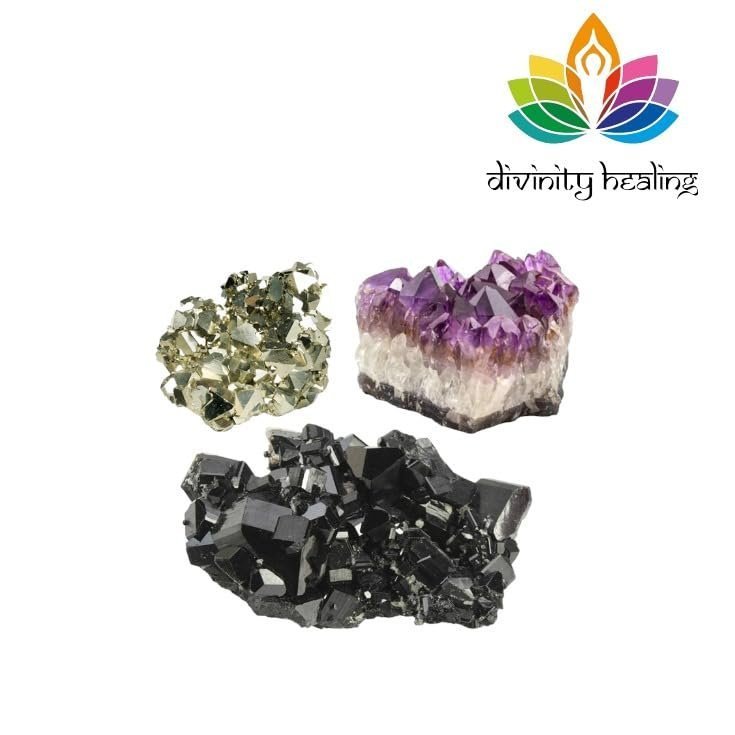 Divine Spirituals Triple Action Natural Crystal Cluster Abundance Manifestation Kit – (Pyrite Cluster with Amethyst Cluster and Black Tourmaline Cluster) Amethyst Clusters Abundance Stones 2