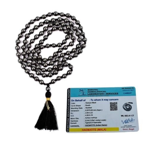 Divine Spirituals Natural Hematite Certified Jaap Mala 108+1-8 mm Natural Pure Beads for Protection, Grounding, Prosperity Wealth Willpower and Financial Abundance with 1 California White Sage Smudge Stick Crystal Mala Abundance Stones
