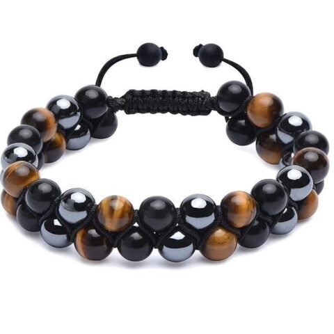 Divine Spirituals Certified Triple Protection Unisex Bracelet – Premium Tiger Eye Hematite and Black Obsidian Unisex AAA Grade 8 mm Stones Double Layered Bracelet Chakra Healing Bracelets Abundance Stones