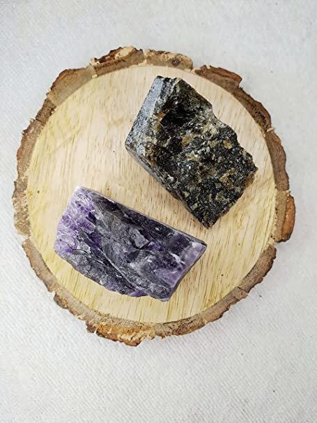 Divine Spirituals Amethyst and Labradorite AAA Grade Raw Natural Crystal Combo with Wooden Natural Bark Coaster for Healing, Meditation and Manifestation Natural Healing Crystals Abundance Stones