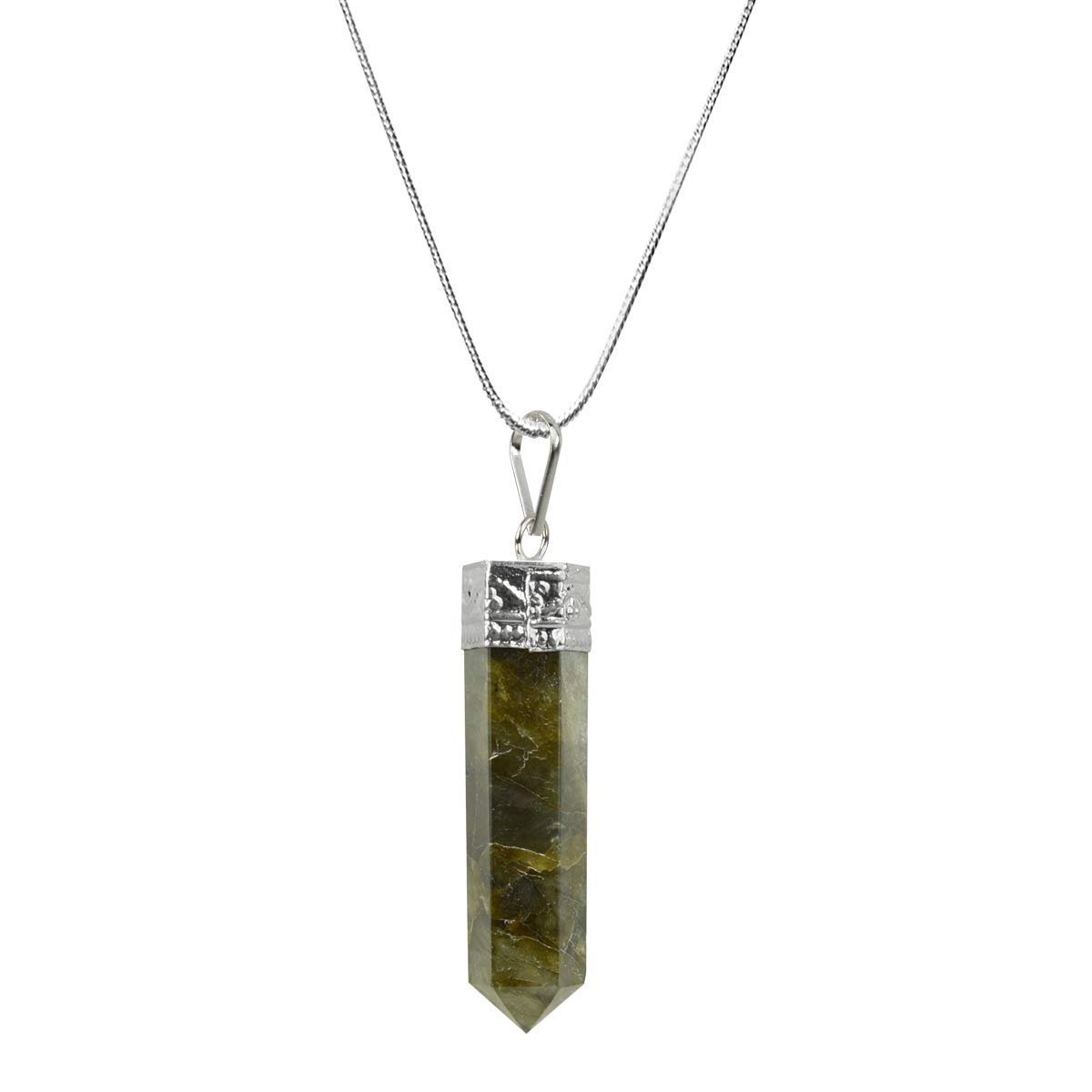 Divine Spirituals Natural Healing Stone Pendant Pencil Shape Crystal Stone Certified Pendant/Locket with Chain – Healing Gemstone Size 30-35 mm Approx(Labradorite Pendant) Crystal Jewelry Abundance Stones