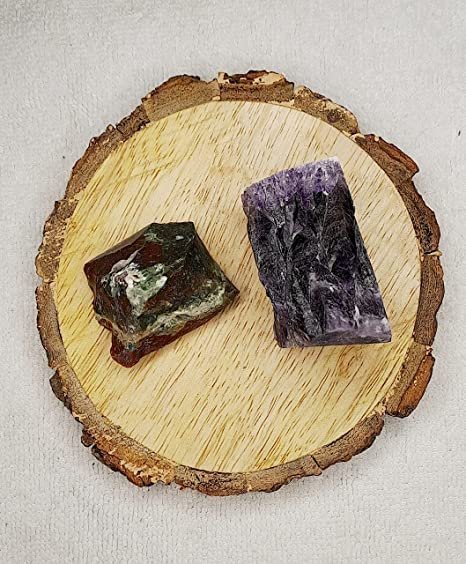 Divine Spirituals Blood Stone and Amethyst AAA Grade Raw Natural Crystal Combo with Wooden Natural Bark Coaster for Healing, Meditation and Manifestation Natural Healing Crystals Abundance Stones