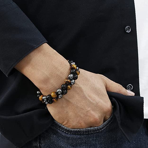 Divine Spirituals Certified Triple Action Premium Tiger Eye Hematite and Black Obsidian Unisex AAA Grade 8 mm Stones Double layered Adjustable Bracelet Chakra Healing Bracelets Abundance Stones 2