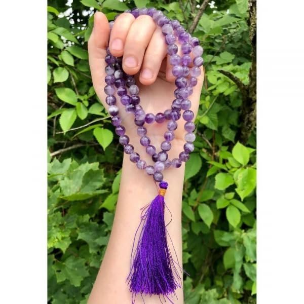 Divine Spirituals Natural Amethyst Pure Certified Jaap Mala Collection for Men and Women Natural Pure 8 mm Beads – for Yoga Reiki Meditation Feng Shui with Palo Santo Smudge Stick Crystal Mala Abundance Stones 2