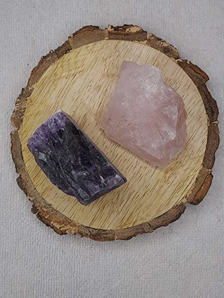 Divine Spirituals Amethyst and Rose Quartz AAA Grade Raw Natural Crystal Combo with Wooden Natural Bark Coaster for Healing, Meditation and Manifestation Natural Healing Crystals Abundance Stones