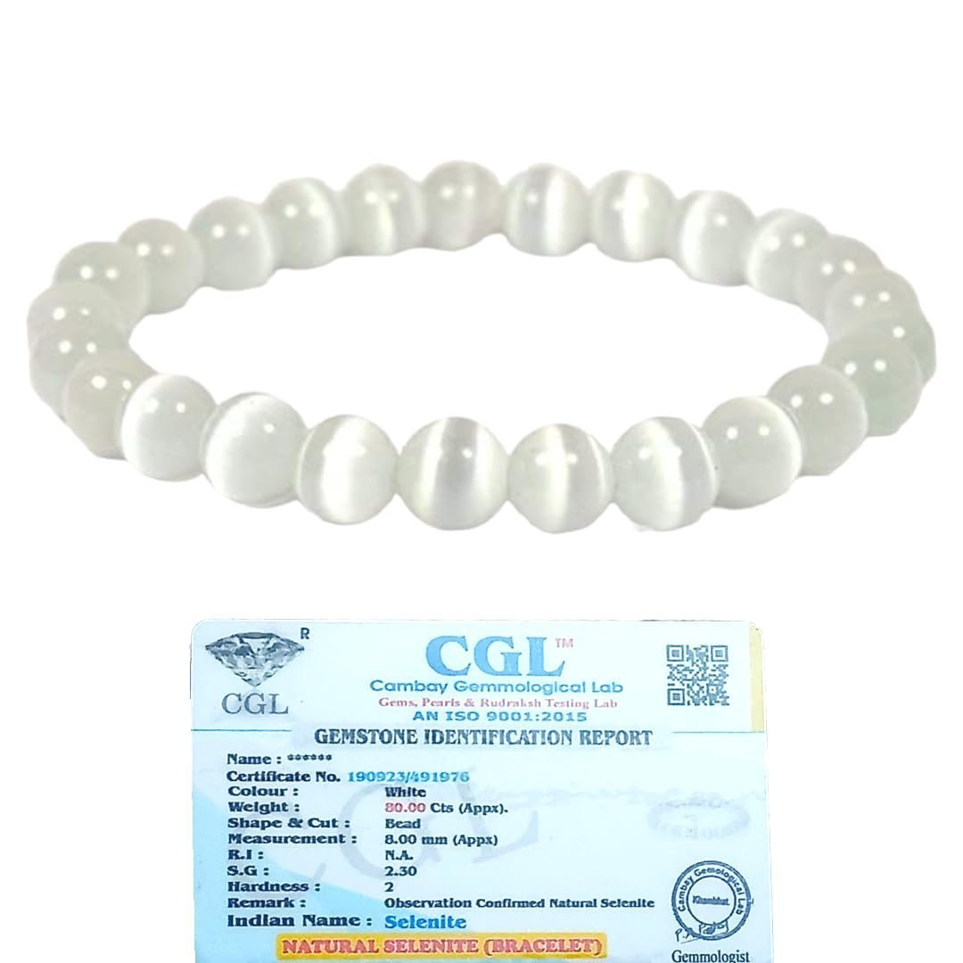 Divine Spirituals Natural Crystal Selenite Bracelet 8mm Stretchable Original Semi Precious Gemstone Bracelet For Crown Chakra, Aura Cleansing, Purification and Peace Chakra Healing Bracelets Abundance Stones