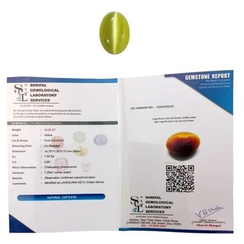 Divine Spirituals Natural Cats Eye Original Certified Gemstone Translucent Yellowish Chatoyant Chrysoberyl Exclusive Cymophane Lehsunia Vaidurya Cat’s Eye 3.36 Carats Cat's Eye Gemstone Abundance Stones