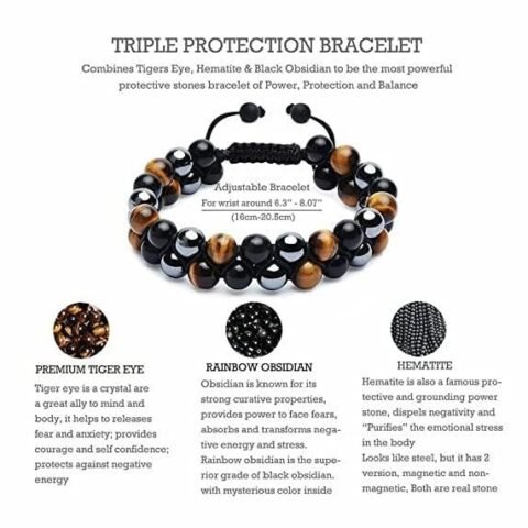 Divine Spirituals Certified Triple Protection Unisex Bracelet – Premium Tiger Eye Hematite and Black Obsidian Unisex AAA Grade 8 mm Stones Double Layered Bracelet Chakra Healing Bracelets Abundance Stones 2
